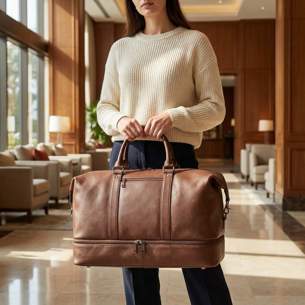 Stijlvolle zwarte leren unisex weekendtas van Voyagely met schoenvak, ideaal voor reizen en handbagage.