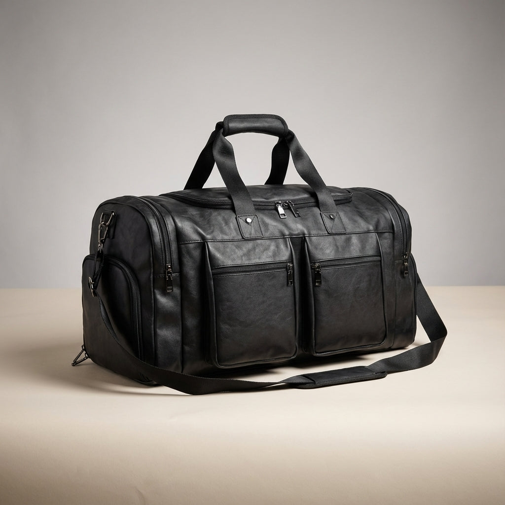 Elegante roze leren unisex weekendtas voor reizen, ruime duffelbag met praktische organisatie en opbergvakken.