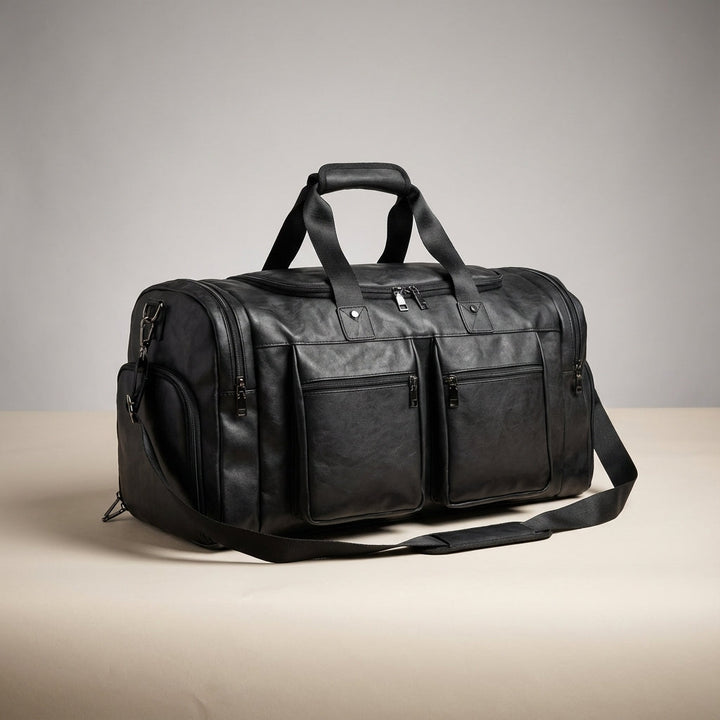 Elegante roze leren unisex weekendtas voor reizen, ruime duffelbag met praktische organisatie en opbergvakken.