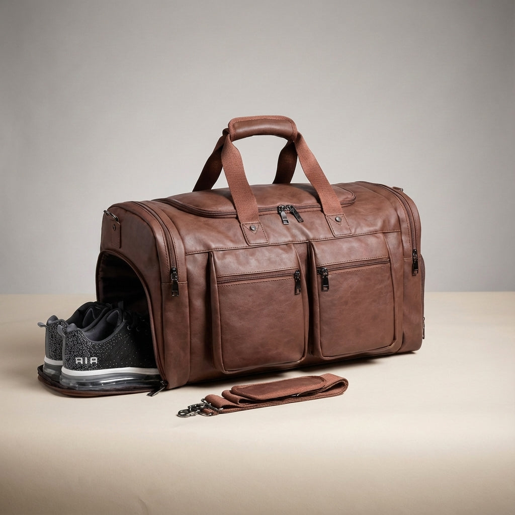 Grote leren reistas voor weekendtrips, unisex duffelbag met handig schoenvak en voldoende opbergruimte.