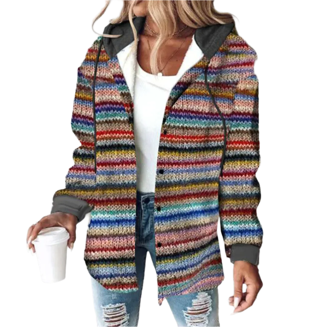 Close-up van het gebreide patroon en de kleuren van het chique en comfortabele dames cardigan.
