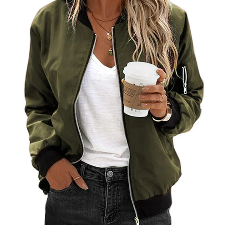 Stijlvolle dames bomberjack met lange mouwen, ritssluiting, geribde manchetten en slank silhouet, ideaal voor een casual outfit.