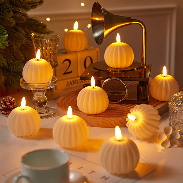 Stijlvolle LED-kaarsen in houtlook en pompoenvorm, warmwit lichtgevend, veilig en veelzijdig, perfect voor sfeervolle decoratie