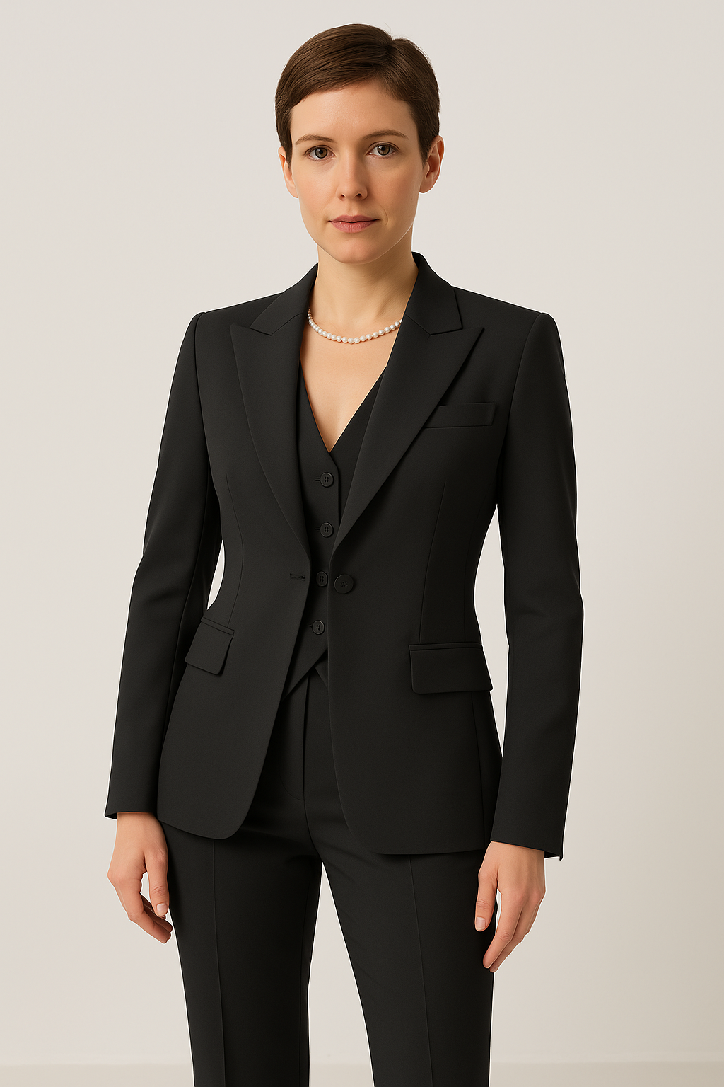 Stijlvol 3-delig damesbroekpak in grijs, bestaande uit blazer, broek en vest; perfect voor een zakelijke look.