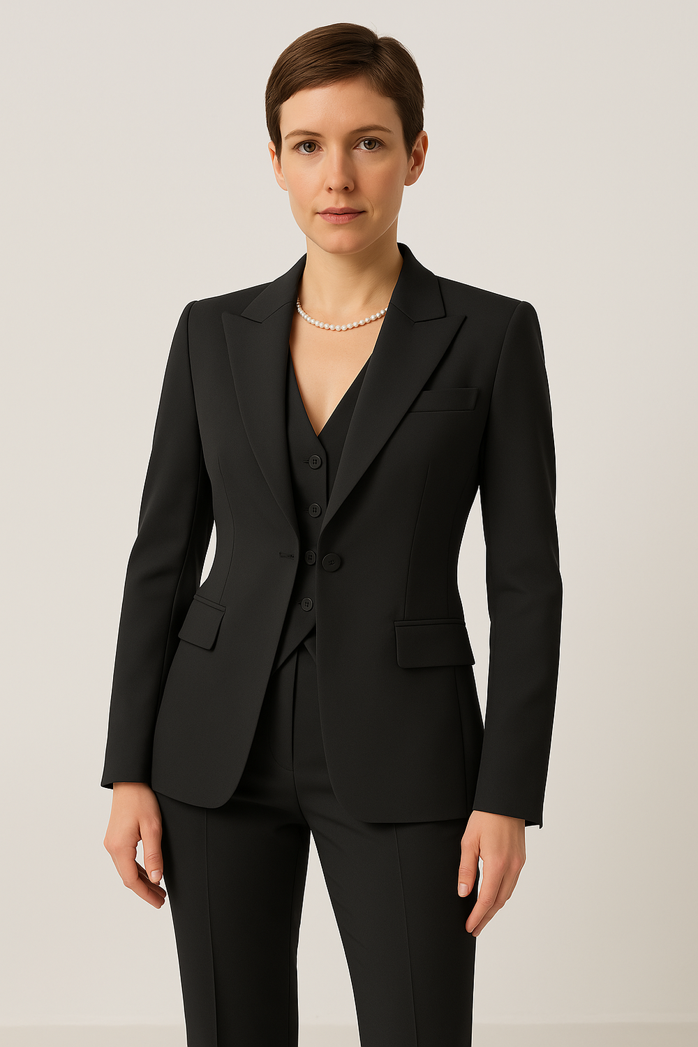 Stijlvol 3-delig damesbroekpak in grijs, bestaande uit blazer, broek en vest; perfect voor een zakelijke look.