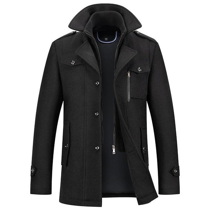 Stijlvolle herenjas met dubbele gevoerde kraag, donkergrijs, middellang, ideaal voor elegante winterlooks.