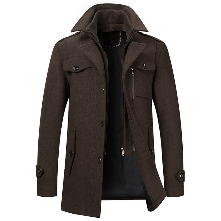 Stijlvolle herenjas met dubbele gevoerde kraag, donkergrijs, middellang, ideaal voor elegante winterlooks.