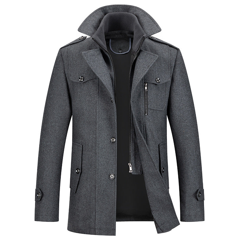 Stijlvolle herenjas met dubbele gevoerde kraag, donkergrijs, middellang, ideaal voor elegante winterlooks.