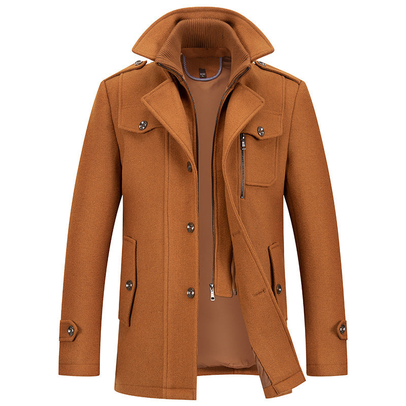 Stijlvolle herenjas met dubbele gevoerde kraag, donkergrijs, middellang, ideaal voor elegante winterlooks.