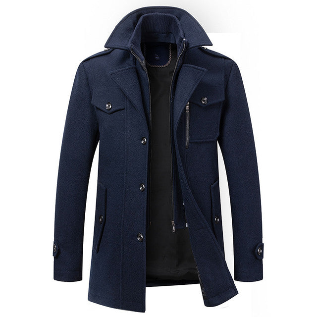 Stijlvolle herenjas met dubbele gevoerde kraag, donkergrijs, middellang, ideaal voor elegante winterlooks.