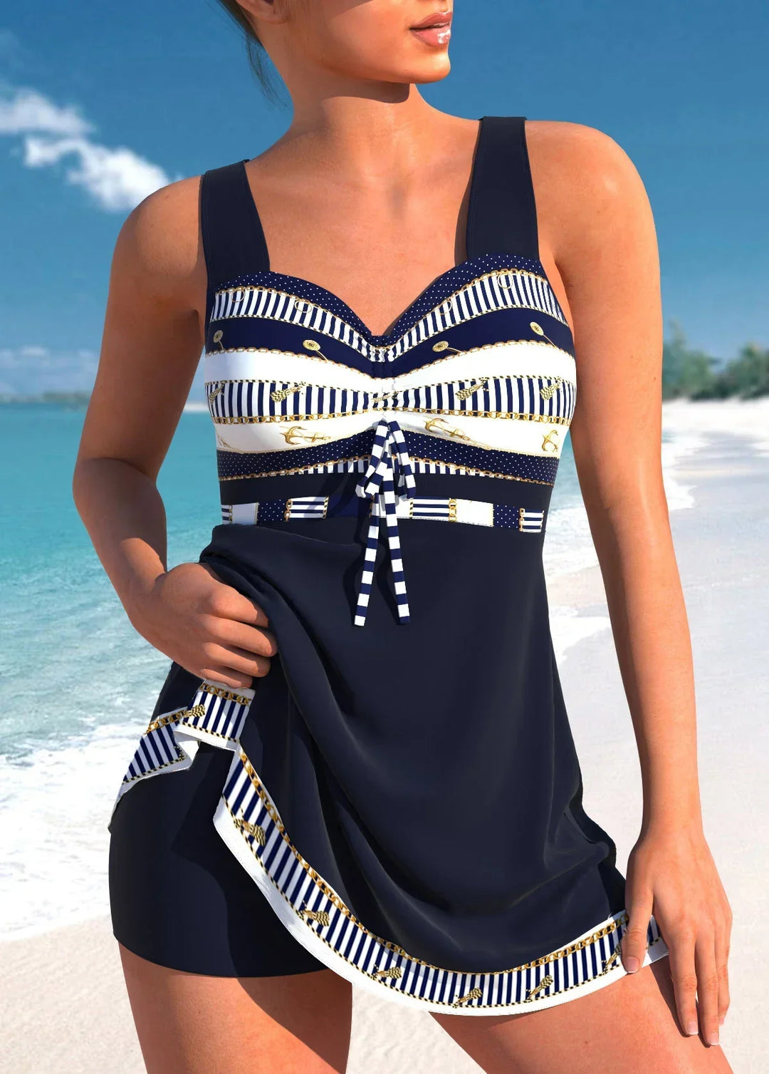 Dames patchwork tankini in blauw en zwart, zomermode voor strand.