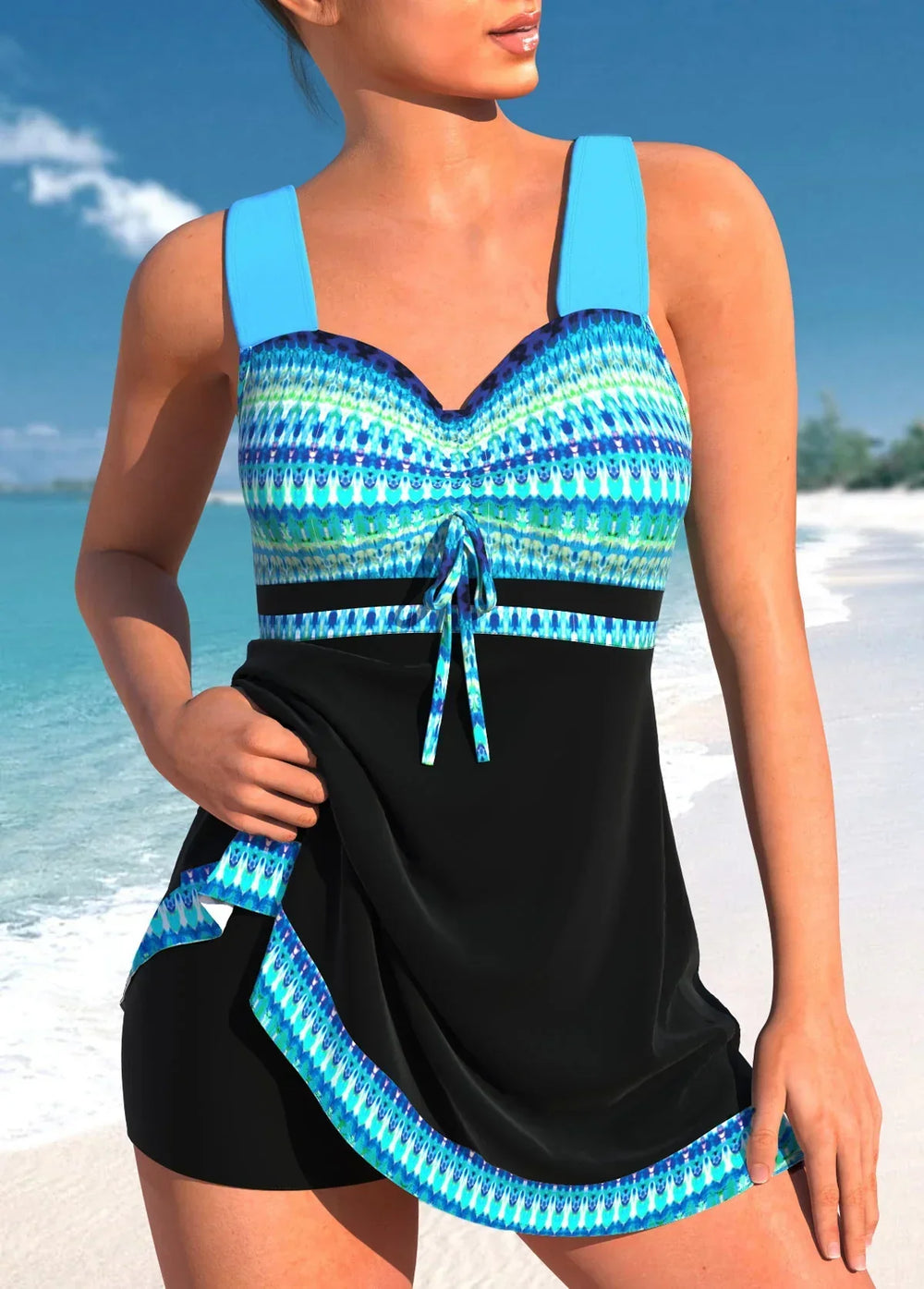Patchwork tankini met modern ontwerp, comfortabele stof voor warme dagen.