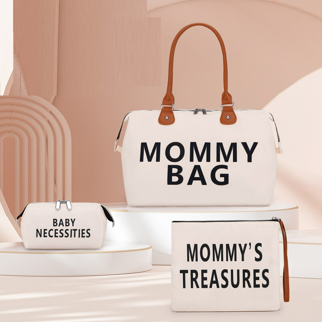 Stijlvolle 3-delige moedertassen set voor babybenodigdheden in beige met grote hoofdtas, extra tas en verschoonmat.