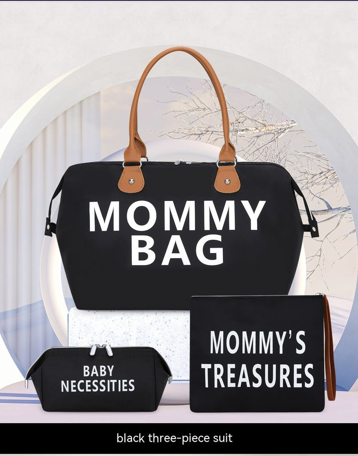 Stijlvolle 3-delige moedertassen set voor babybenodigdheden in beige met grote hoofdtas, extra tas en verschoonmat.