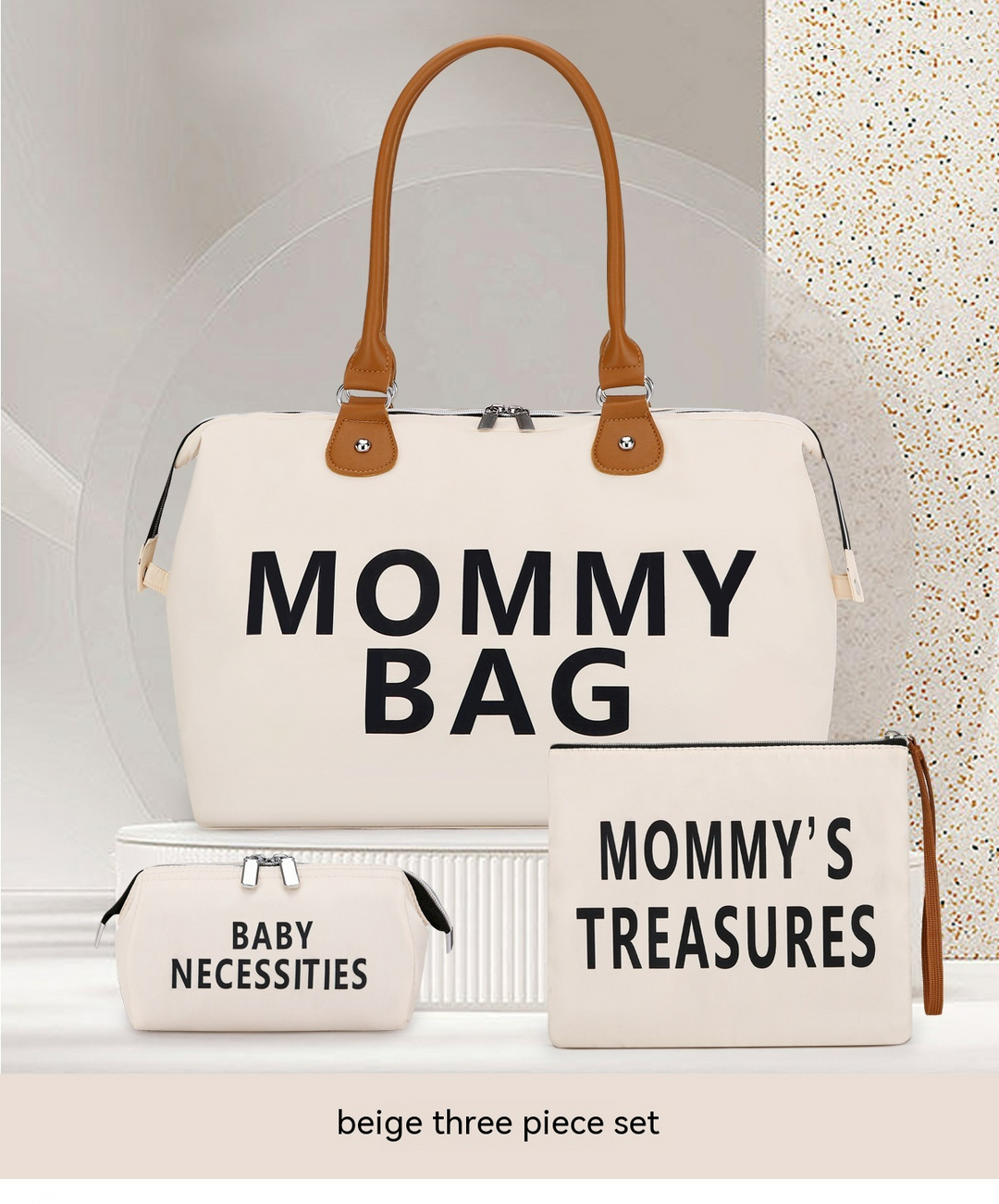 Stijlvolle 3-delige moedertassen set voor babybenodigdheden in beige met grote hoofdtas, extra tas en verschoonmat.