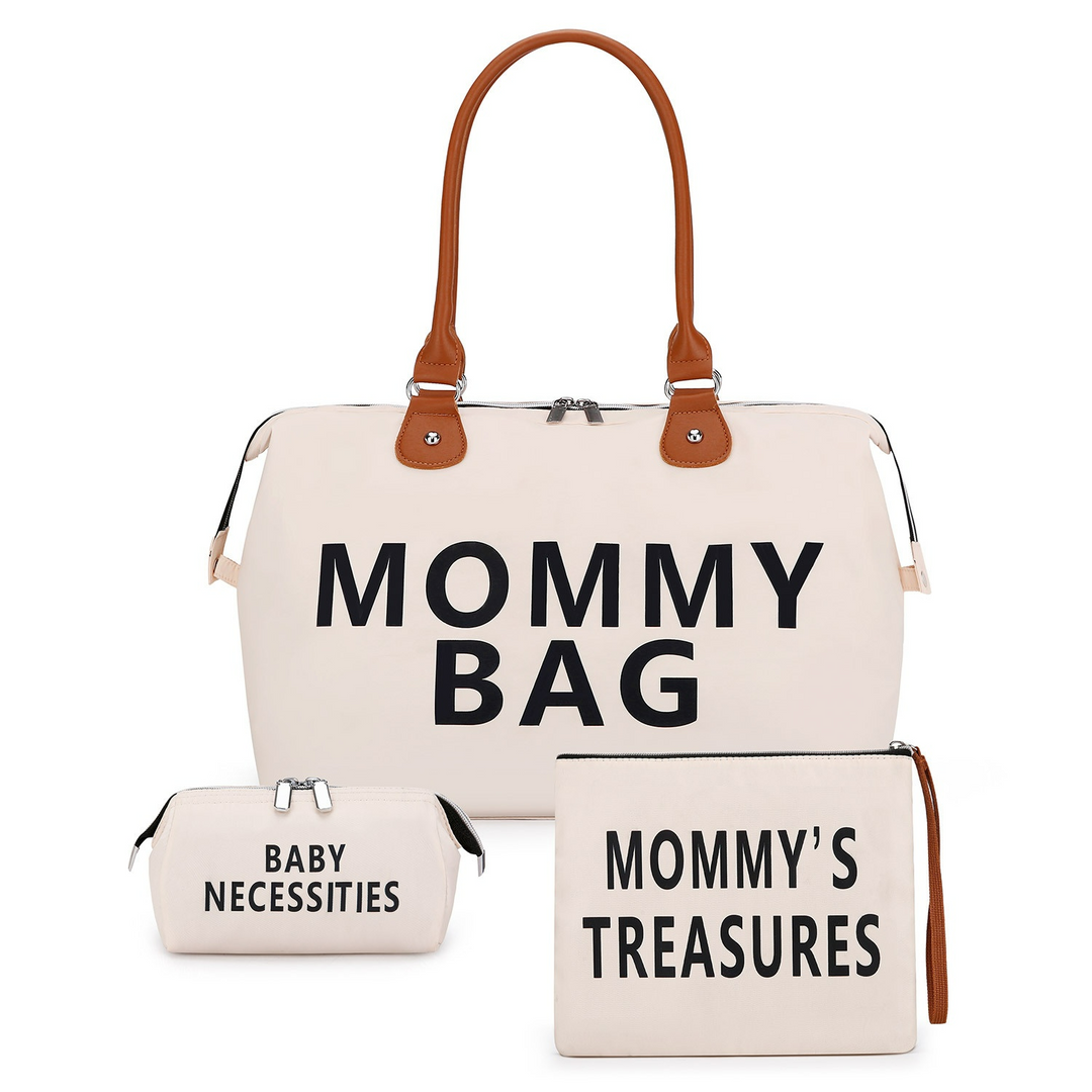 Stijlvolle 3-delige moedertassen set voor babybenodigdheden in beige met grote hoofdtas, extra tas en verschoonmat.