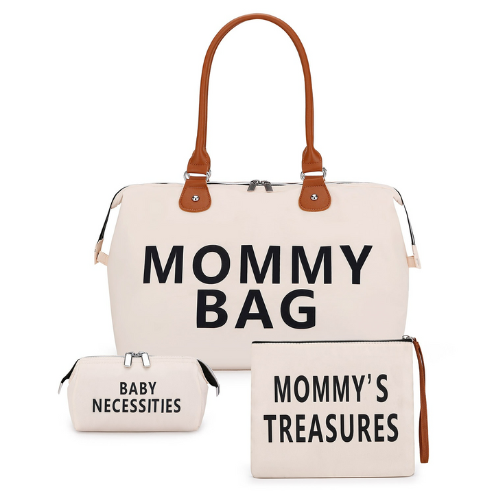 Stijlvolle 3-delige moedertassen set voor babybenodigdheden in beige met grote hoofdtas, extra tas en verschoonmat.