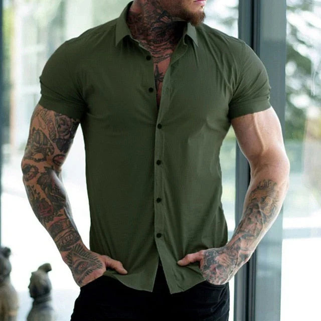 Stijlvol zomershirt: Luca heren stretch overhemd met korte mouwen, slim fit. Voor een frisse, moderne uitstraling.