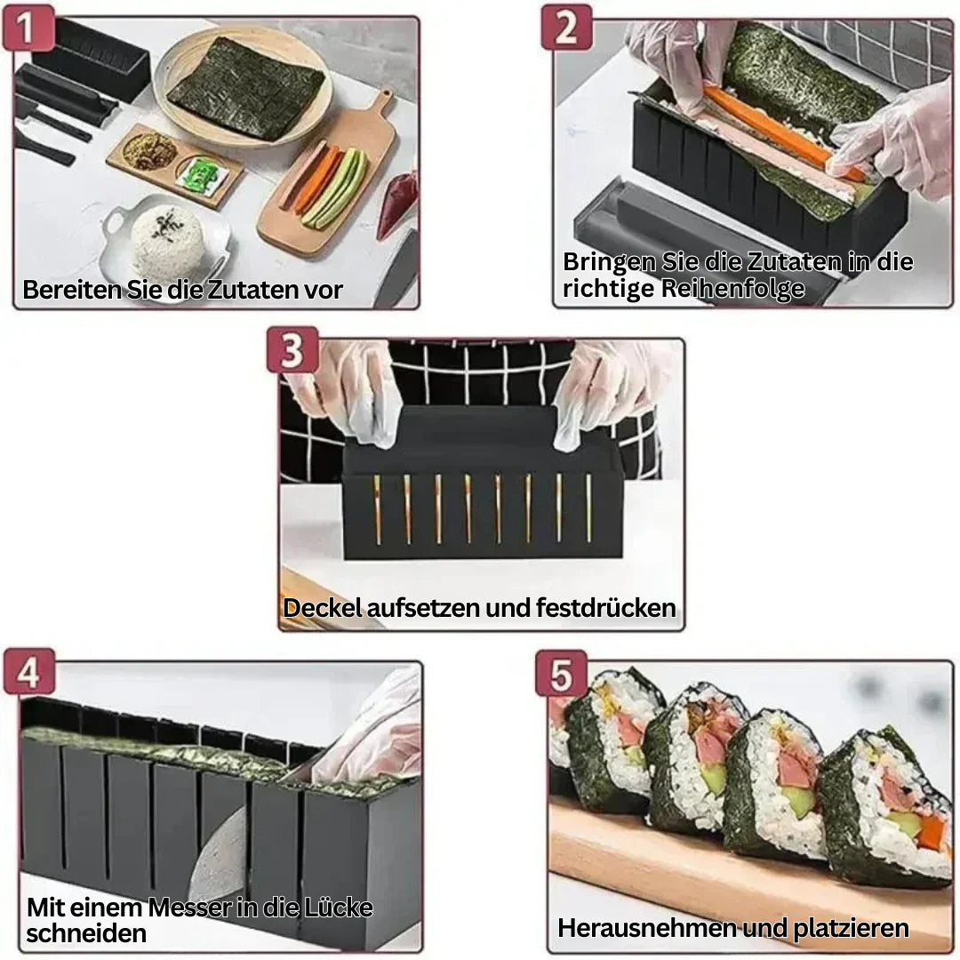Sushi rolset van hout en kunststof, ideaal voor beginners, inclusief mallen en snijgereedschap voor perfecte sushi.
