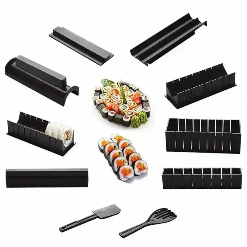 Sushi rolset van hout en kunststof, ideaal voor beginners, inclusief mallen en snijgereedschap voor perfecte sushi.