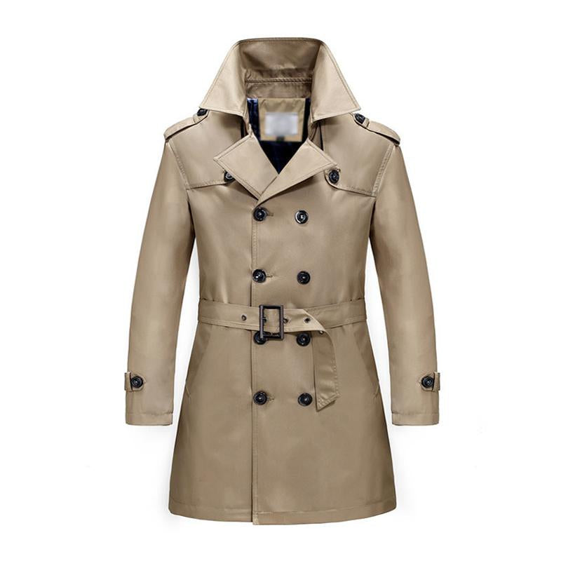 Getailleerde heren trenchcoat, dubbele rij, middellang, in beige, ideale stijlvolle jas voor koele dagen.