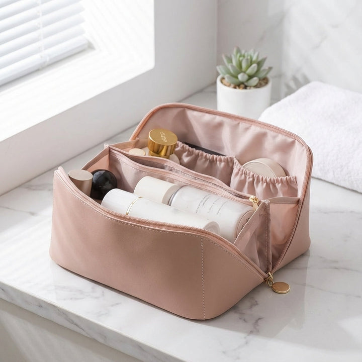 TidyBloom draagbare cosmetica organizer van waterafstotend kunstleer, ideaal voor make-up en toiletartikelen op reis.