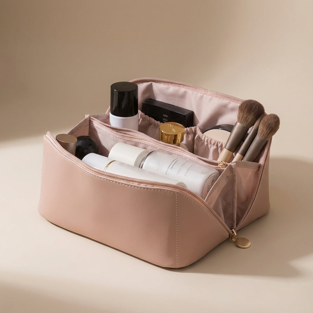 Compacte TidyBloom make-up reistas van kunstleer; perfecte opberger voor cosmetica en toiletartikelen onderweg.