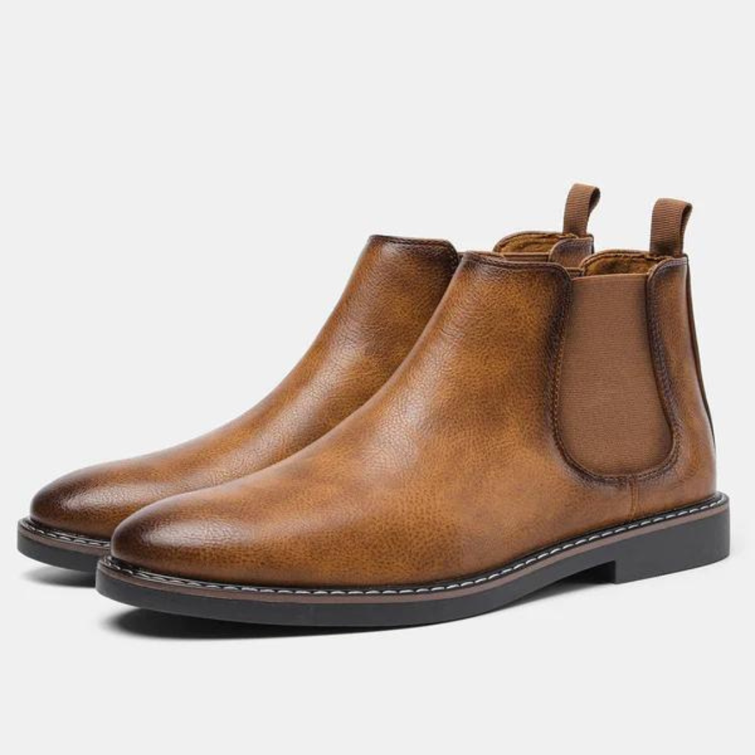 Achteraanzicht David Chelsea boots voor heren, met treklus en robuuste hak, veelzijdige boots.