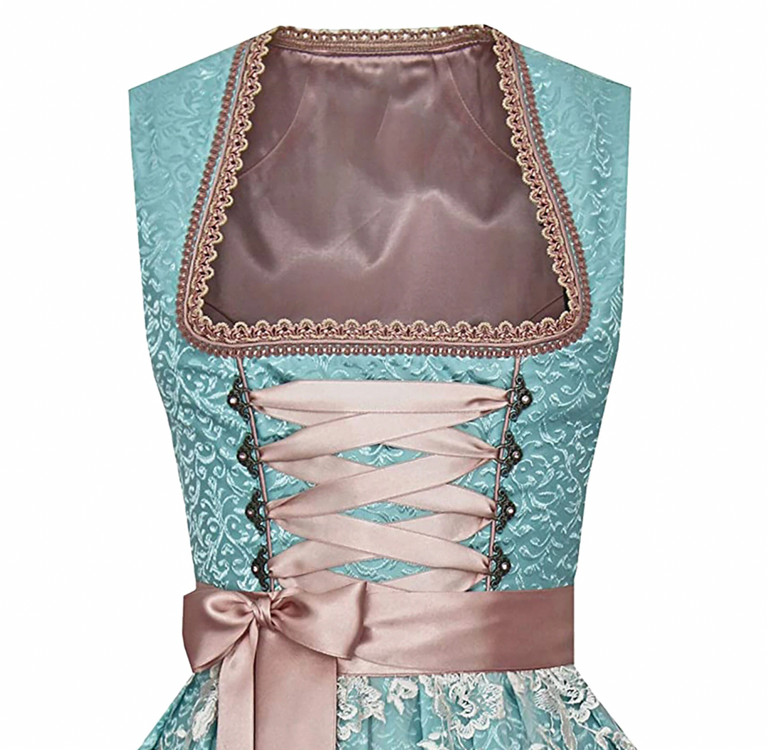 Traditionele dames Dirndl-set met elegante blouse, verfijnd design met moderne details, vooraanzicht.