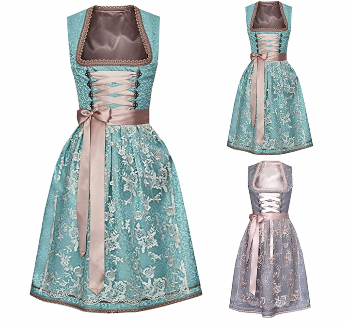 Traditionele dames Dirndl-set met elegante blouse, verfijnd design met moderne details, vooraanzicht.