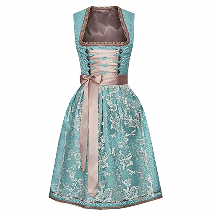 Traditionele dames Dirndl-set met elegante blouse, verfijnd design met moderne details, vooraanzicht.