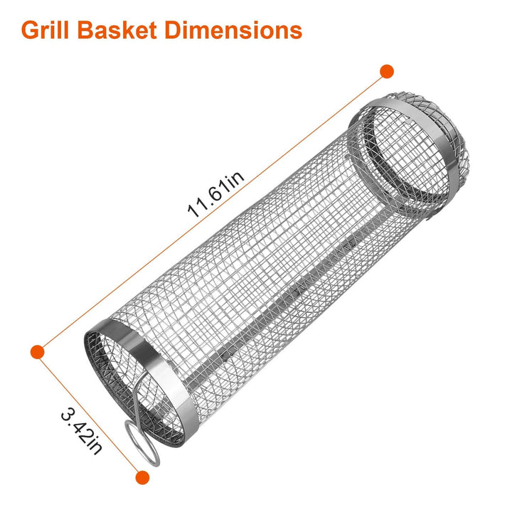 Draagbare roestvrijstalen grillmand met afgeronde randen, ideaal voor groenten en grillgerechten, vaatwasserbestendig.