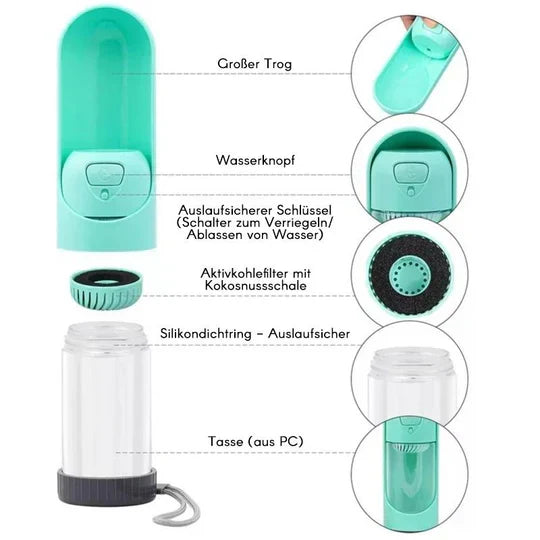 Draagbare drinkfontein voor huisdieren met filter, éénknopsbediening, compact, ideaal voor wandelingen en reizen, spatwaterdicht