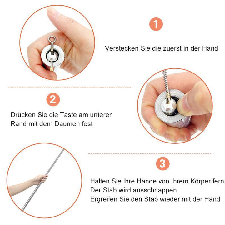 Draagbare, veelzijdige metalen staf in compacte vorm, ideaal voor zelfverdediging en magische effecten, zilverkleurig.