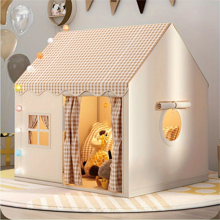Draagbaar binnenspeelhuis voor kinderen, kleurrijk en ruim, geschikt voor creatief spel binnen en buiten.