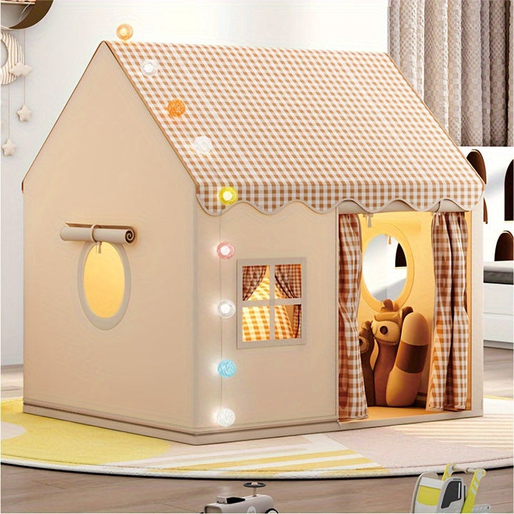 Draagbaar binnenspeelhuis voor kinderen, kleurrijk en ruim, geschikt voor creatief spel binnen en buiten.