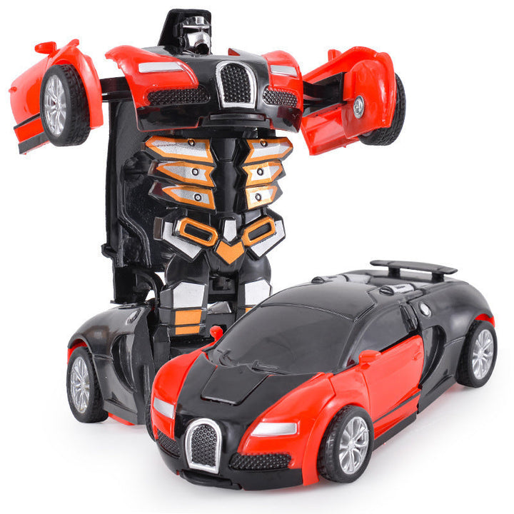 Transformerend kindervoertuig in helder geel, van auto naar robot, stimuleert creatieve speelideeën en fantasie