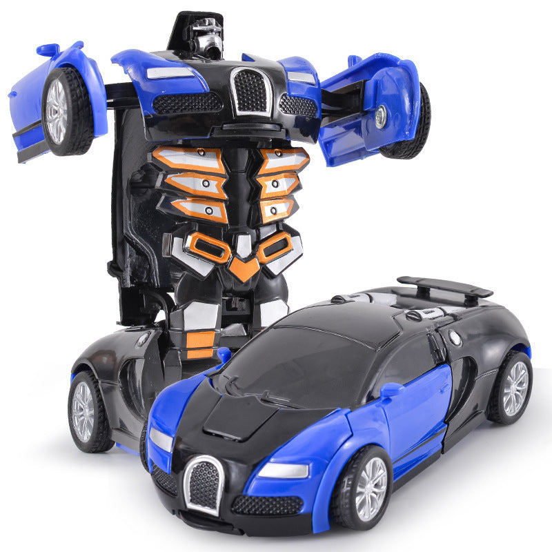 Transformerend kindervoertuig in helder geel, van auto naar robot, stimuleert creatieve speelideeën en fantasie