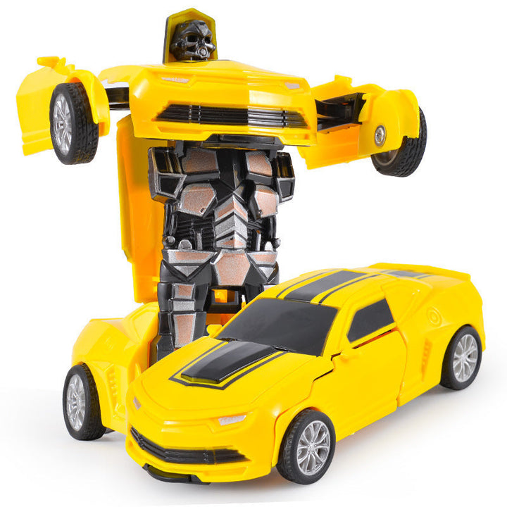 "Transformierendes Kinderfahrzeug in leuchtendem Gelb, von Auto zu Roboter, fördert kreative Spielideen und Fantasie"