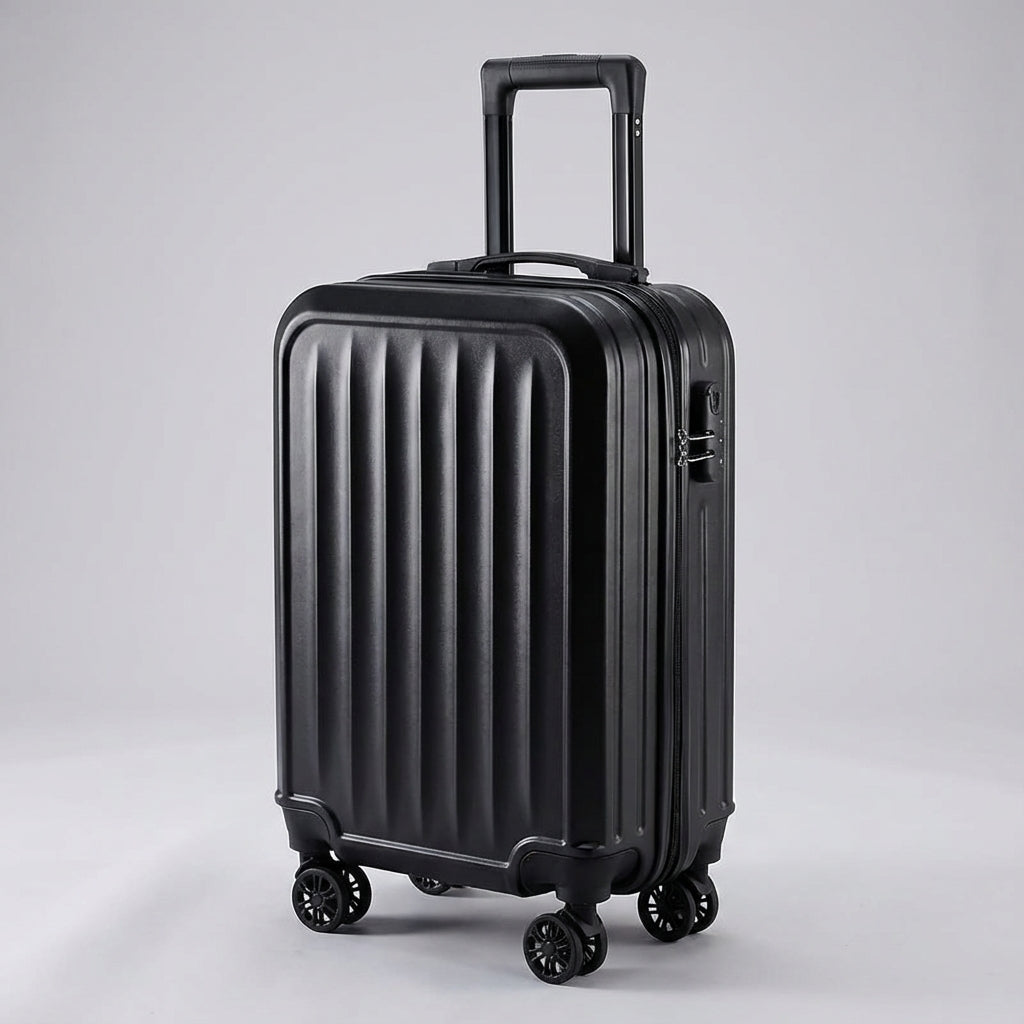 Compacte geribbelde handbagage koffer in zilver van Traveon. Perfect voor lichtgewicht reizen met 360° wielen en stevige bouw.