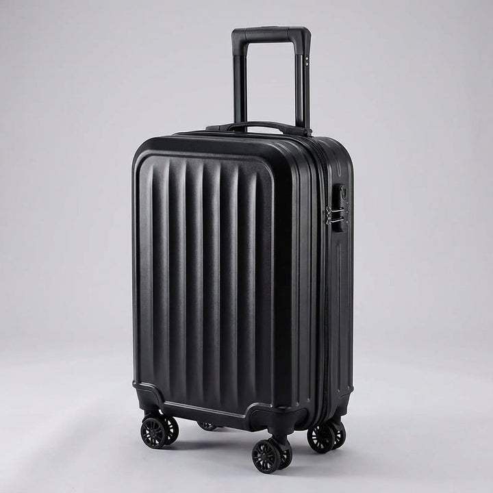 Compacte geribbelde handbagage koffer in zilver van Traveon. Perfect voor lichtgewicht reizen met 360° wielen en stevige bouw.