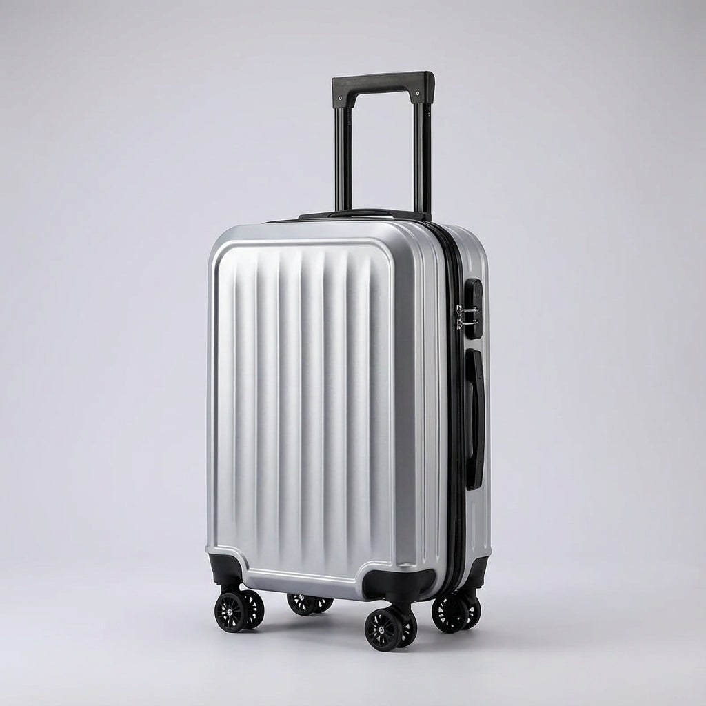 Veelzijdige geribbelde reiskoffer van Traveon in zilver. Deze stevige bagage met 360 graden wielen is ideaal voor elke reis.