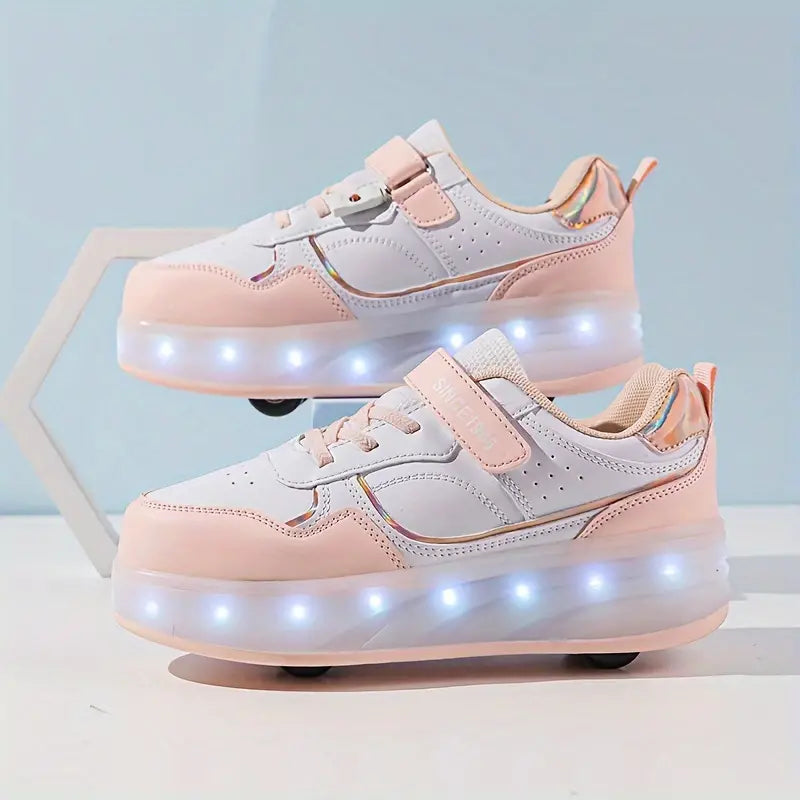 Roze en paarse GlideGlow rolschoenen voor kinderen. Actief buitenspelen met leuke LED-lichtjes.