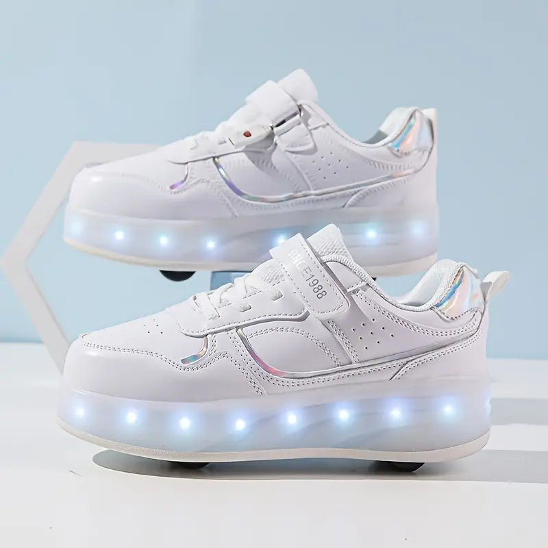 Trendy GlideGlow ledschoenen: roze/paarse kinderschoenen met wieltjes en coole lichtjes, voor modieuze kids.