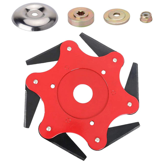 Trimmerkop van mangaanstaal met 6 scherpe messen, ideaal voor het snijden van gras, takken en onkruid in de tuin.