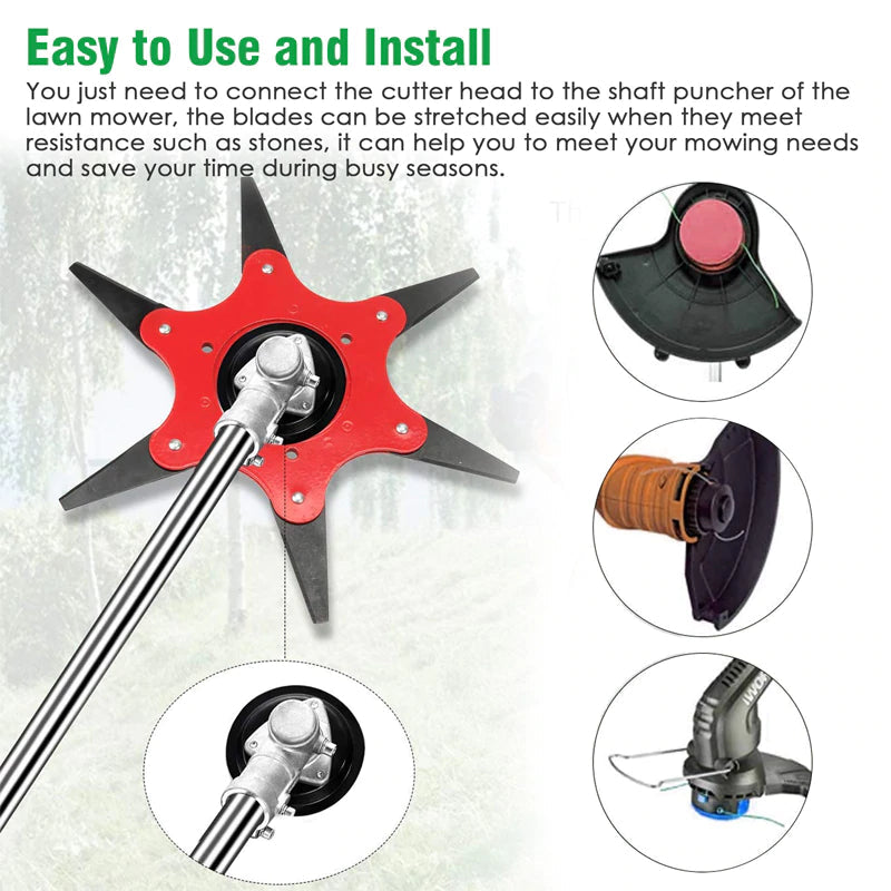 Trimmerkop van mangaanstaal met 6 scherpe messen, ideaal voor het snijden van gras, takken en onkruid in de tuin.