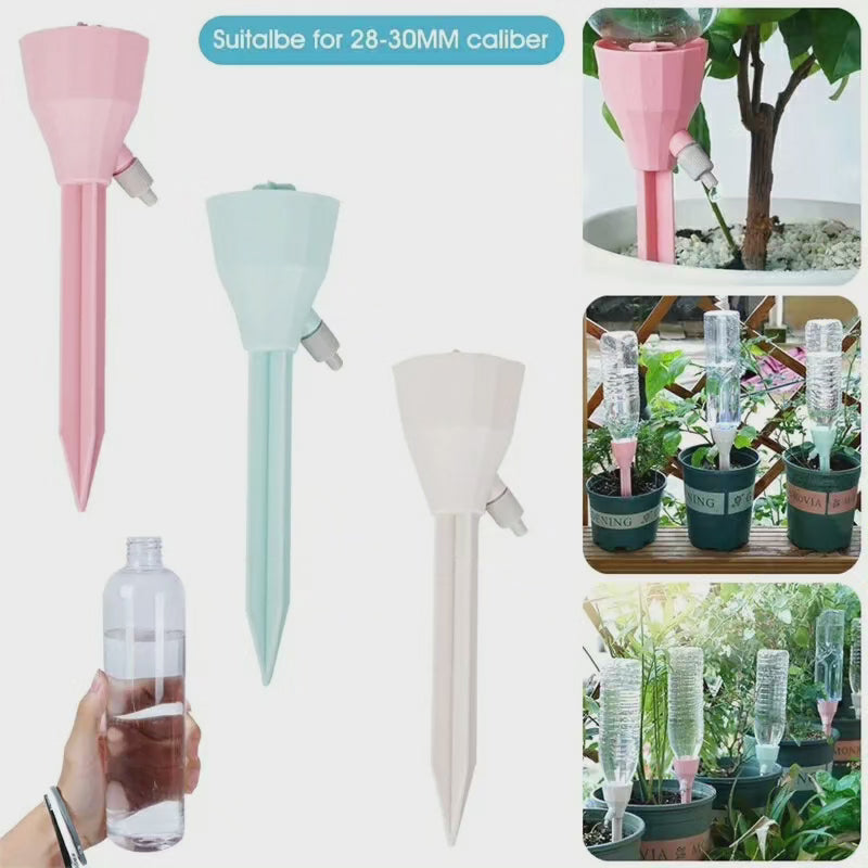 Druppelirrigatiesysteem in gebruik, aanpasbare spikes, ideaal voor doe-het-zelf tuin en potplanten, geautomatiseerde bewatering.