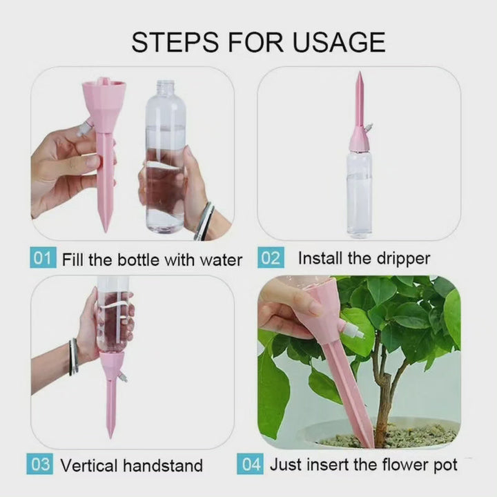 Druppelirrigatiesysteem in gebruik, aanpasbare spikes, ideaal voor doe-het-zelf tuin en potplanten, geautomatiseerde bewatering.