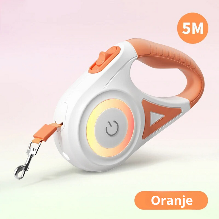 Duurzame LED hondenriem met uitschuiffunctie, zorgt voor optimale veiligheid tijdens donkere wandelingen.