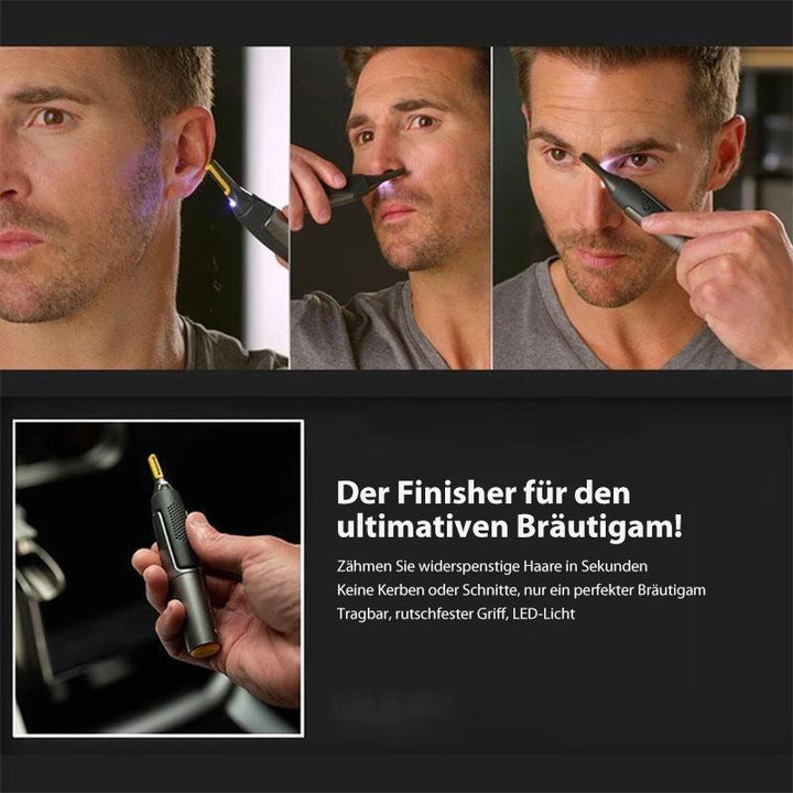 Ultradunne grijze precisietrimmer voor het gezicht met draadloos ontwerp, titanium coating en LED-licht, ideaal voor op reis.
